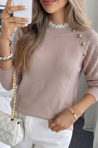 Lace Patchwork Color Block Button Detail Sweater
