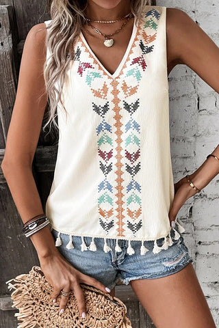 Bohemian Embroidered Spliced Hem Tassel Tops