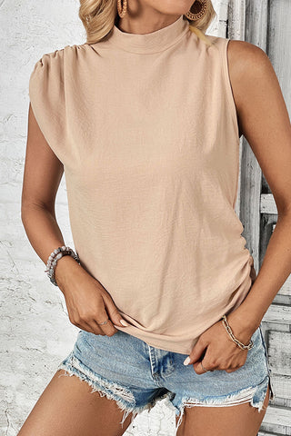 Ruched Waist Solid Color Mock Neck Top