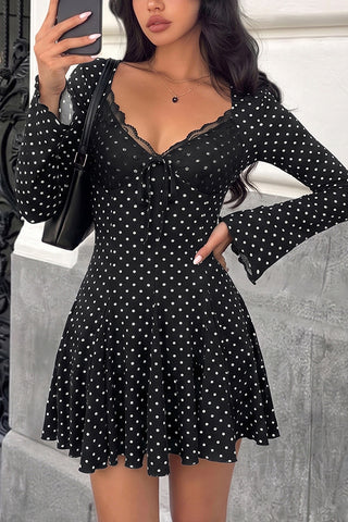Vintage Polka Dot Print Lace V Neck Mini Dress