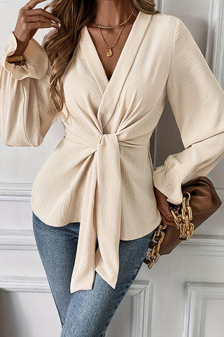 V Neck Knot Front Solid Long Sleeve Top