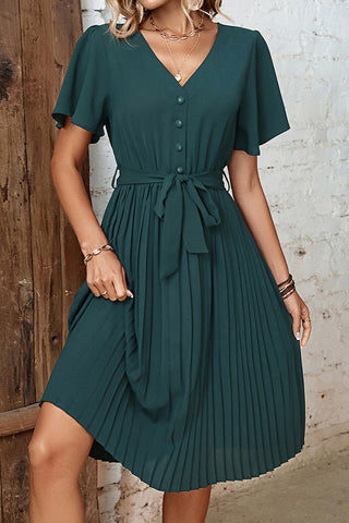 Solid Color V Neck Flare Sleeve Pleated Dress