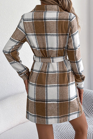 Plaid Print Lapel Button Tie Waist Shirt Dress