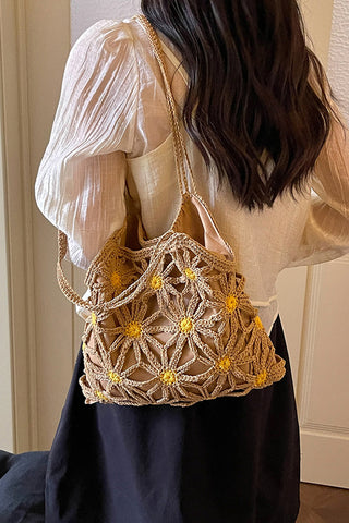 Color Block Flower Design Hollow Weave Bag