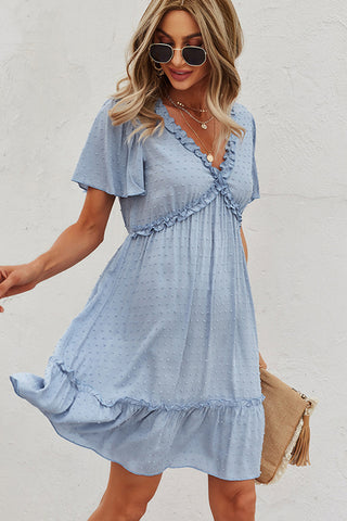 Fashion Solid Color Frill V Neck Casual Dress