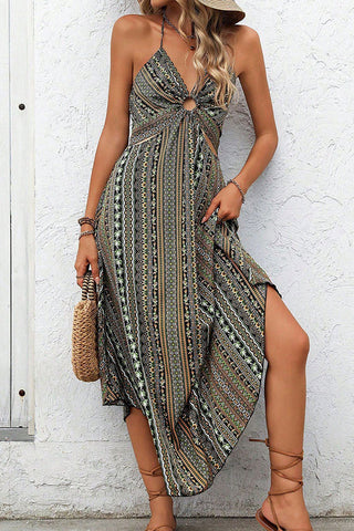 Ethnic Style Printed Cutout Halter Neck Dress