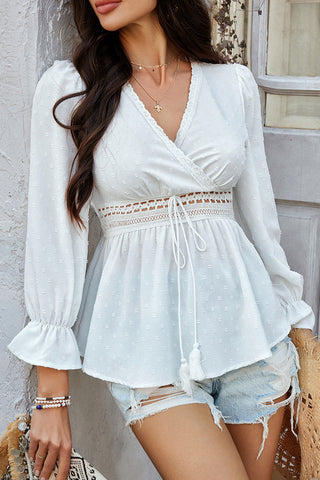 Lace Patchwork V Neck Solid Color Shirt