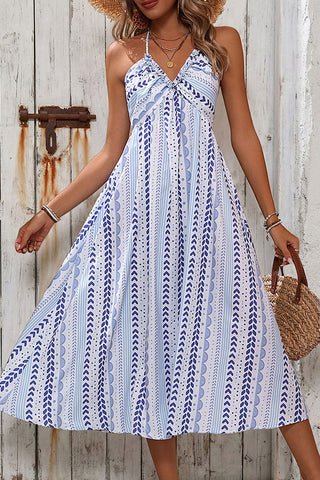 Resort Style V Neck Frill Printed Halter Neck Dress