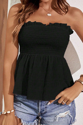 Smocked Chest Bandeau Frill Solid Tops