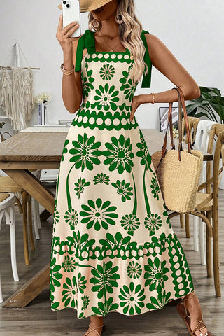 Boho Style Printed Tie Shoulder Smocked Back Dress
