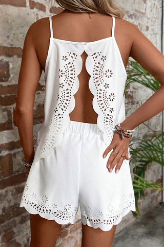 V Neck Solid Burnout Open Back Two Piece Set