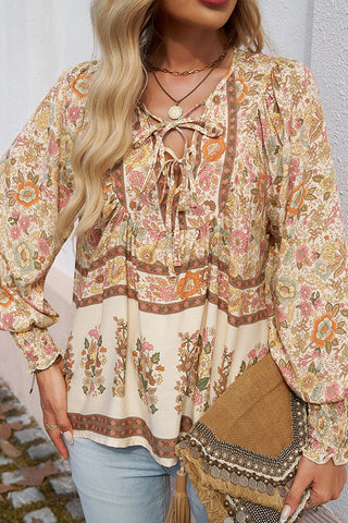 Boho Print V Neck Tie Front Long Sleeve Top