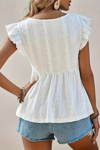 V Neck Ruffle Sleeves Solid Color Casual Tops
