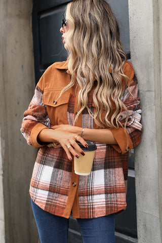 Plaid Lapel Long Sleeve Corduroy Tweed Coat