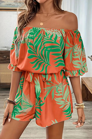Leaf Print Off The Shoulder Tie Waist Romper