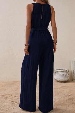 V Neck Solid Color Tie Waist Casual Jumpsuit
