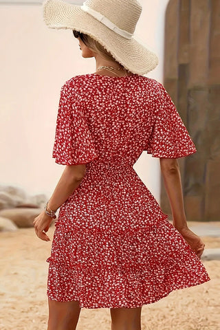 V Neck Floral Print Ruffle Sleeves Mini Dress