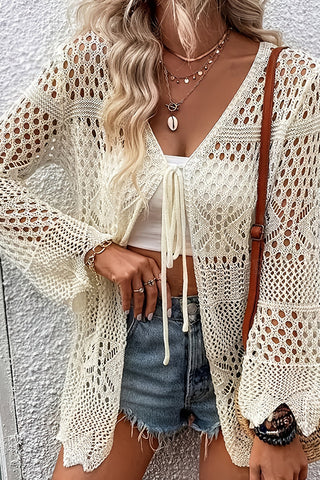 Solid Color Crochet Hollow Long Sleeve Cardigan
