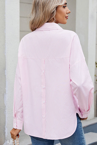 Stripe Print Lapel Button Long Sleeve Shirt