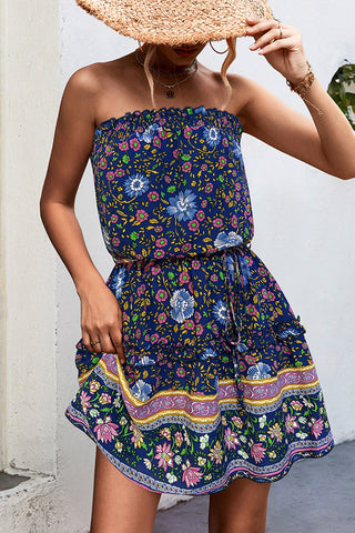 Bohemian Print Bandeau Frill Mini Dress