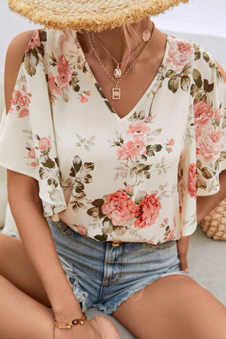 Floral Print Off-Shoulder V Neck Casual Top