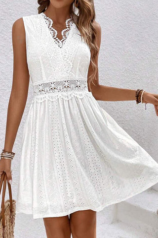 Lace Patchwork Solid V Neck Mini Dress