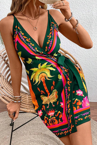 Tropical Print Tie Side V Neck Mini Dress