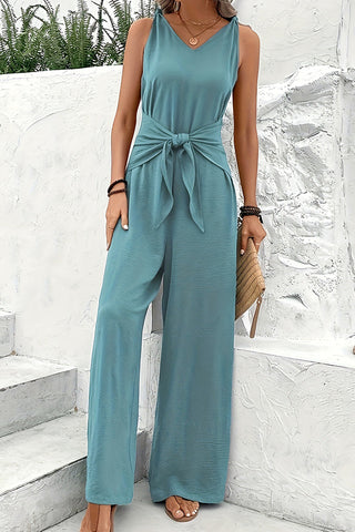 Solid Color V Neck Knot Front Jumpsuit