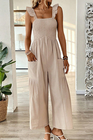 Solid Color Smocked Ruffle Straps Jumpsuit
