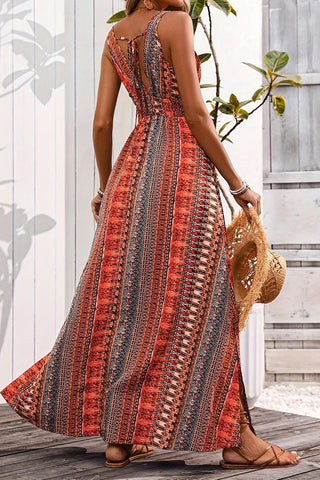 Fashion V Neck Printed Slit Design Maxi Dress