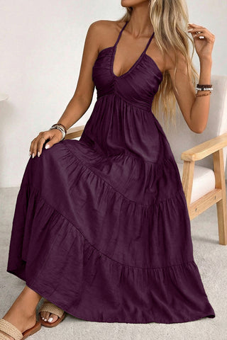 V Neck Smocked Back Halter Neck Maxi Dress