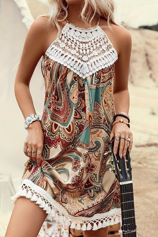 Lace Patchwork Paisley Print Halter Neck Dress