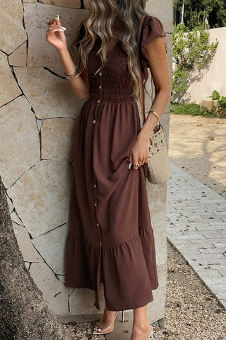 Resort Style V Neck Smocked Button Dress