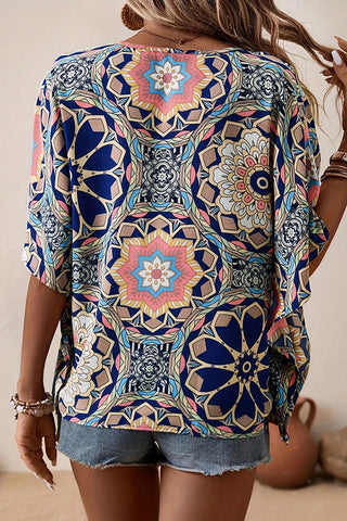 Retro Style Printed V Neck Casual Top