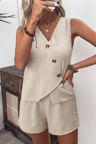 V Neck Solid Color Button Two Piece Set