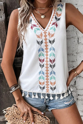 Fashion Printed V Neck Tassel Casual Top