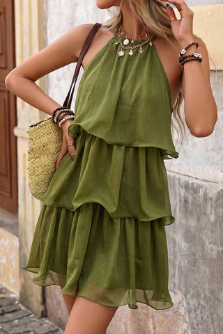 Solid Color Halter Neck Layered Hem Dress