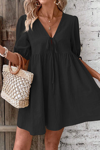 V Neck Tie Front Solid Casual Mini Dress