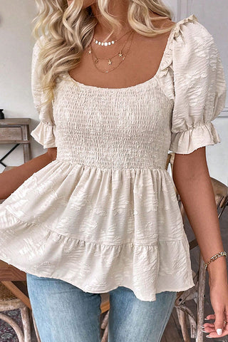 Solid Color Square Neck Smocked Casual Top