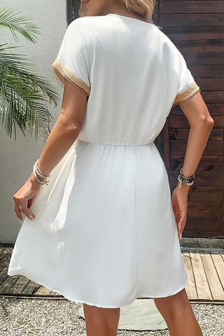 Lace Patchwork V Neck Tie Waist Dress