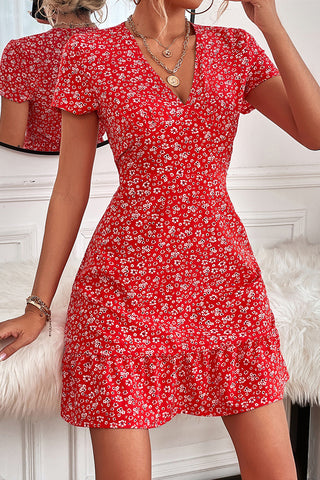 Fashion Floral Print V Neck Mini Dress