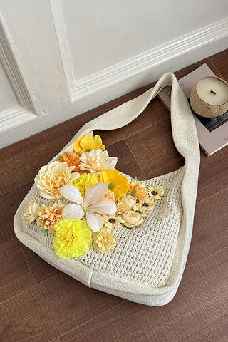 Flower Design Color Block Weave Bag
