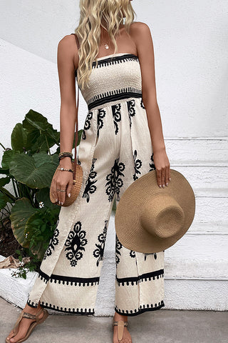Smocked Bandeau Printed Slit Design Jumpsuit