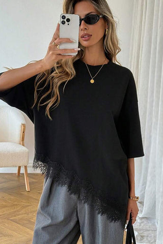 Lace Patchwork Asymmetrical Hem Casual Tops