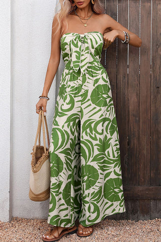 Resort Style Bandeau Printed Smocked Jumpsuit