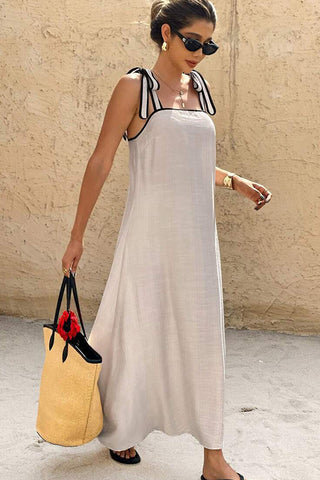 Resort Style Color Block Tie Shoulder Casual Dress