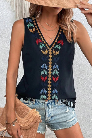 Bohemian Print V Neck Tassel Hem Top
