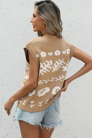 V Neck Printed Button Knitted Casual Top