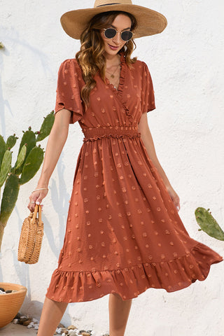Solid Color V Neck Frill Smocked Waist Dress