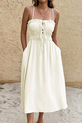 Solid Color Pleated Tie Front Frill Slip Dress